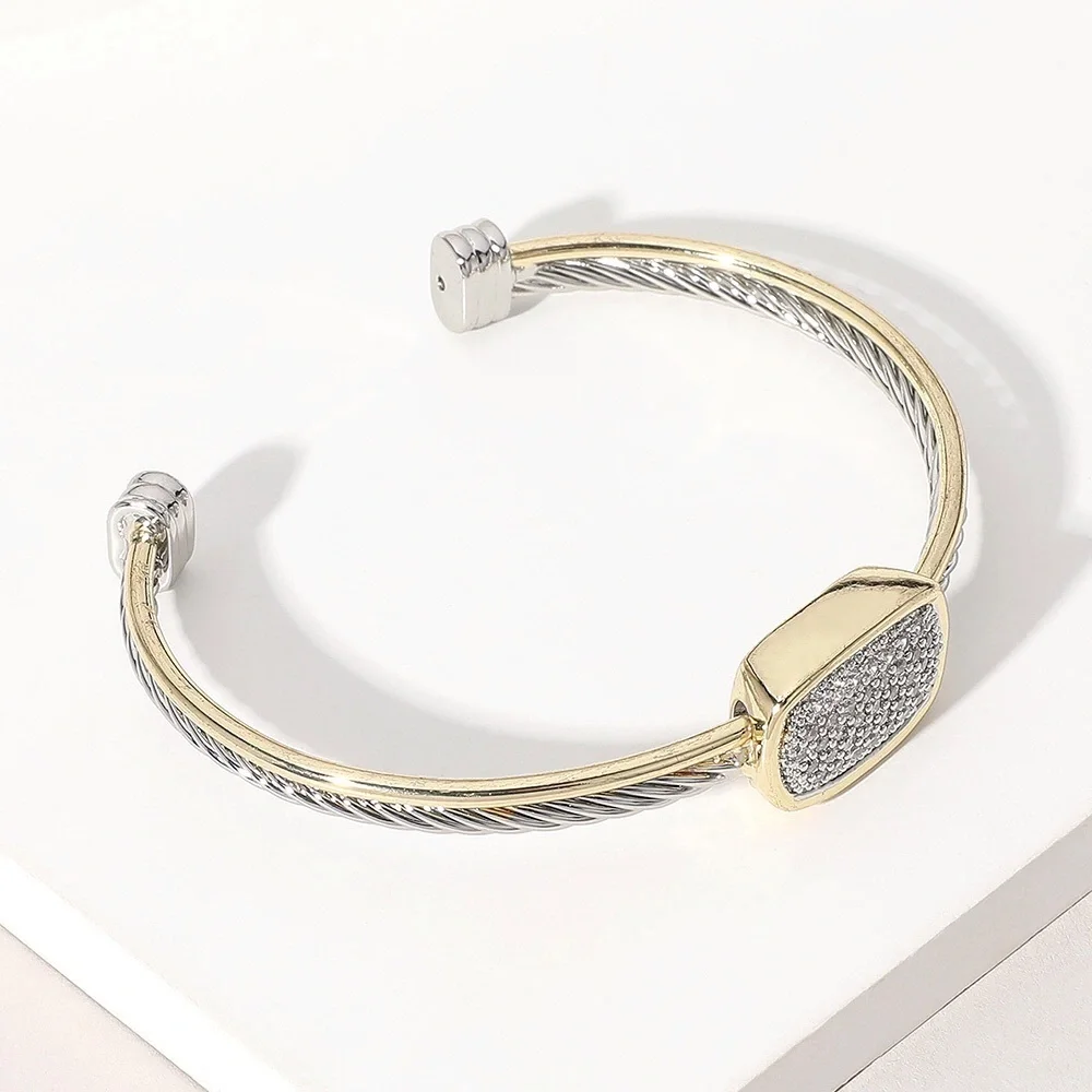 Two Tone Oval Embellished Pave Cable Cuff - Picture 4 of 5